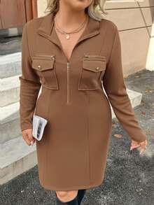 SHEIN Clasi Plus Size Solid Color Casual/Work Wear Dress, Autumn/Winter - Khaki - View 6