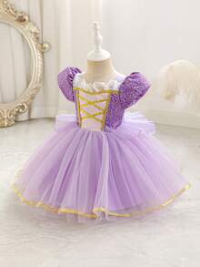 SHEIN Glamorique Kids 女嬰紫色薄紗公主禮服，薰衣草色夏季優雅伴娘花童派對穿著，生日婚禮假期舞會長裙，四季皆宜 - 紫色 - 查看 4