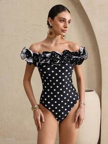 Swim Oasis Đồ bơi một mảnh họa tiết chấm bi, bó sát, thanh lịch, đi biển mùa hè cho nữ - Đen và trắng - Xem 5