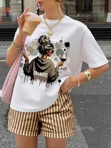 SHEIN 女士休闲印花 T 恤和条纹短裤两件套，夏季 - 咖啡棕 - 查看 3