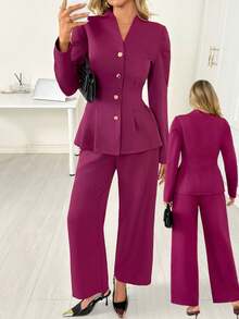 Chiquease Women's Elegant Daily Waist Cinched Suit Set - Burgundy - View 6