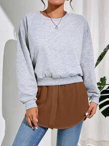 Shapeblank Felpa da donna casual con orlo finto a strati, indumento versatile e abbinabile, con bordo bianco e coprente per il fondoschiena - Castano - Visualizzare 6