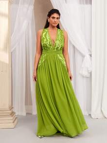 VOLUPTÉ CURVE Vestido de talla grande para el Día de San Valentín, primavera/verano, nueva llegada. Elegante vestido largo de diosa francesa con encaje verde, parches y decoración de lentejuelas, escote en V profundo, sin mangas. Vestido maxi con pliegues en el bajo, ajustado, recomendado para fiestas, cumpleaños y bodas. - Verde - Ver 3