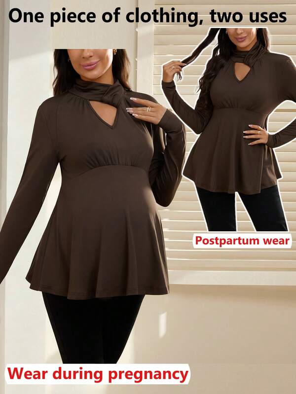 SHEIN Maternity Casual Solid Color Hollow Out Long Sleeve T-Shirt, Autumn