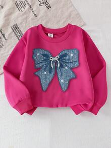 SHEIN Explorewe 2件套女童秋冬针织圆领T恤和蝴蝶亮片装饰针织腰带蝴蝶结裤子套装，运动时尚 - 玫紅色 - 查看 5