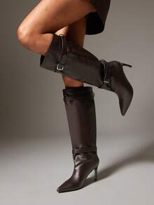 SHUZIA Women Minimalist Sexy Point Toe Kitten Heel Buckled Knee-High Boots For Christmas - Chocolate Brown - View 2