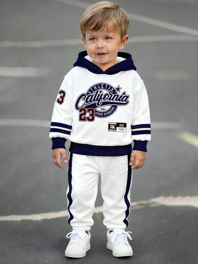 2件套男婴/男女通用婴幼儿0-3岁休闲时尚字母撞色条纹运动印花连帽卫衣和印花运动裤，适合秋冬季日常、户外活动，百搭基础款运动服，性价比高，经典字母