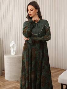 SHEIN Najma 女式宽松荷叶边下摆长袖阿拉伯风格连衣裙，秋冬 - 綠色 - 查看 8