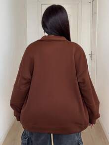 Maweii Sudadera casual holgada de manga larga con cremallera delantera y hombros caídos para mujer de talla grande de un solo color - Marrón - Ver 5