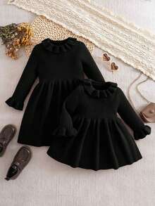 SHEIN Vestido de manga larga de punto de unicolor para bebé niña, otoño/invierno - Negro - Ver 10