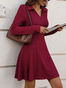 EMERY ROSE Váy dài tay ôm sát dệt kim họa tiết màu đỏ tía dành cho nữ, ấm áp cho mùa thu/đông - Màu Đỏ Sâu - Xem 3