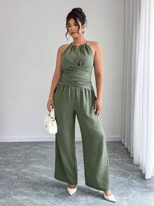 Elenzga Women's Casual Beaded Cinched Waist Suit, Commuter Outfit, Everyday Casual Set, Spring/Summer - Green - View 4