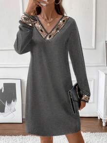 LanaWest V-Neck Dress With Sequins Trim On Collar And Cuffs - Grey - View 5
