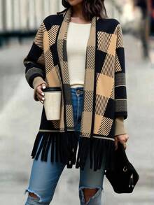 Women's Long Open Plaid Cardigan Swe ater with Fringe Hem - Beis - Ver 1