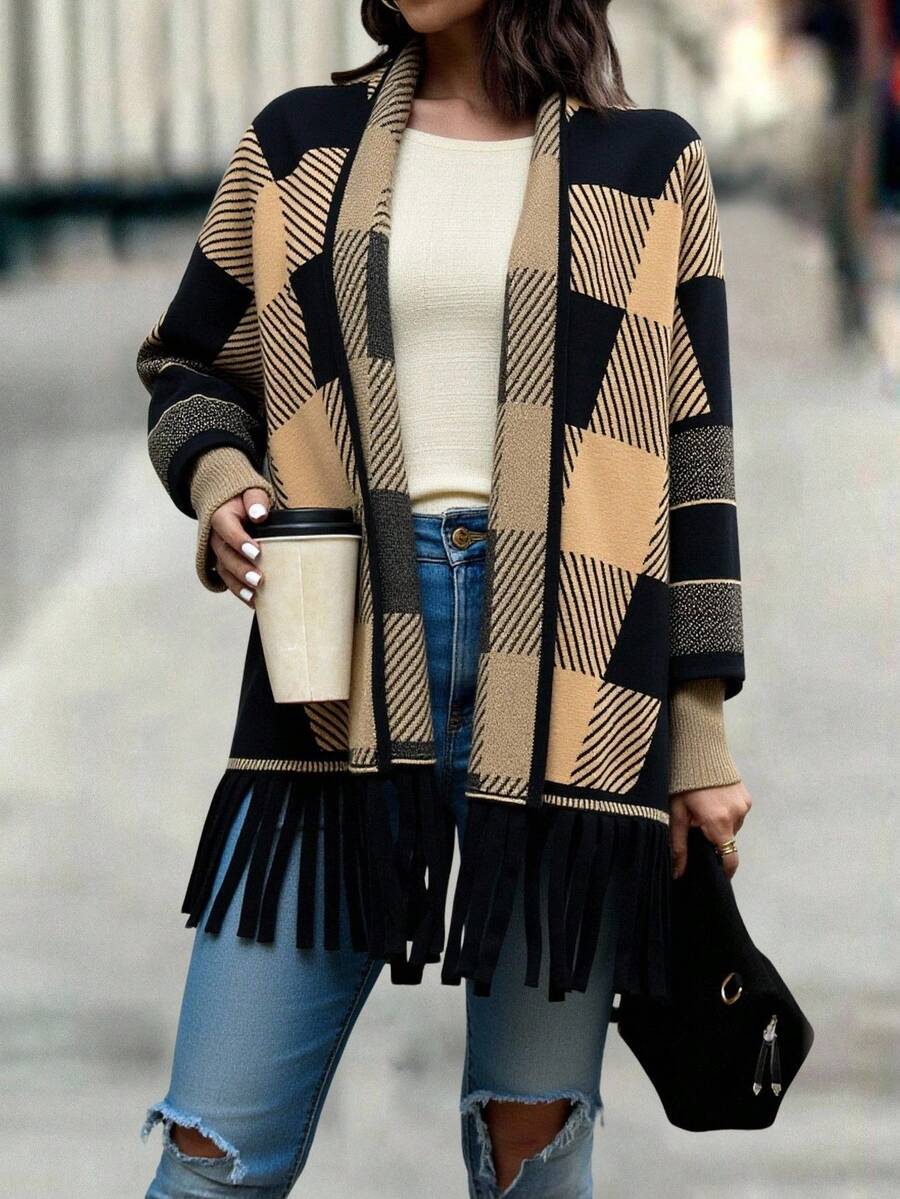 Women's Long Open Plaid Cardigan Swe ater with Fringe Hem - Beis - Ver 1