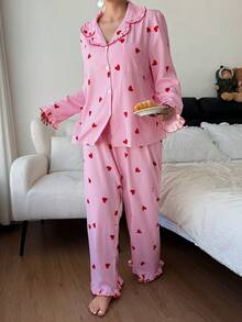 Plus Size Women Mushroom Collar Striped Heart Print Pajama Set, Fall & Winter Clothes - Multicolor - View 7