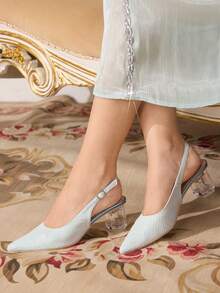CUCCOO TILAWA Women's Crystal Heel Rhinestone Mesh Pointed Toe Slip-On Pumps, Suitable For Outings, Banquets, Parties And Other Events For Christmas - Blue - View 5