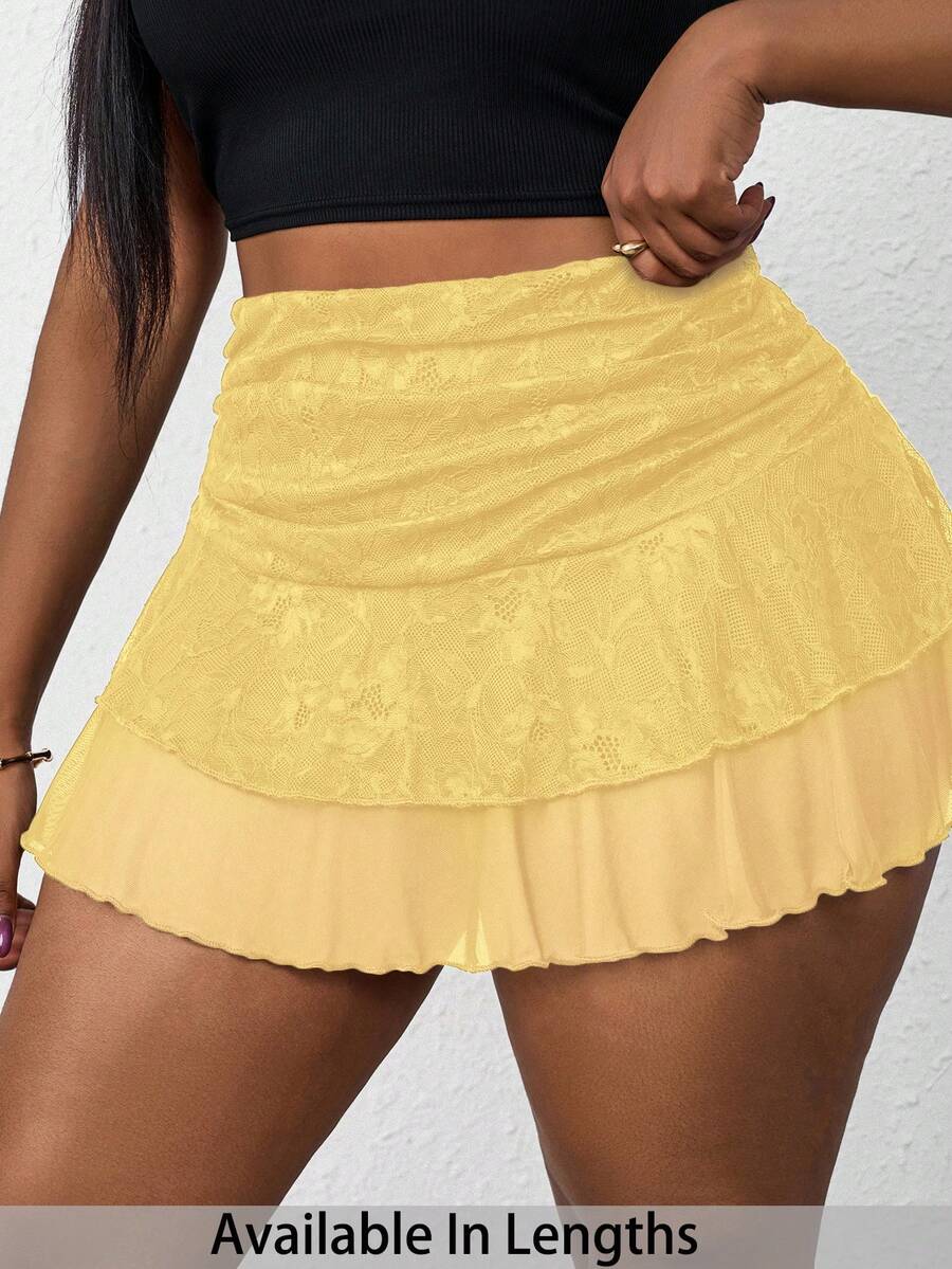 SHEIN PETITE CURVE 大码女式腰部褶皱撞色蕾丝A字裙 - 鵝黃色 - 查看 1