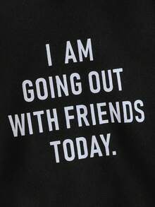 Genkimix Kids 女童长袖连帽卫衣，经典黑色，百搭时尚，正面印有“今天和朋友们在一起”的时尚文字，卫衣设计实用，适合外出和上学穿着，春秋季休闲宽松版型卫衣 - 黑色 - 查看 5