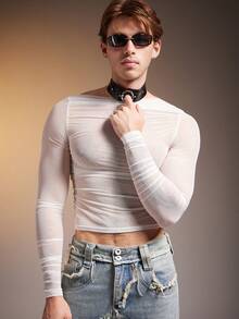 FeverCity 男士性感透明柔软长袖T恤 - 白色 - 查看 4