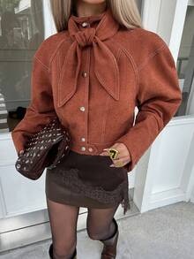 Siren Gaze Women's Autumn Fashionable Commuter Tie Collar Jacket Crop Top Jacket Brown Blouse Rust Brown Top Cropped Jacket Cropped Blouse,Winter Clothes For Women,Women's Winter Jacket ,Women's Winter Coat Winter Jacket For Women Casual Spring - Mocha Brown - View 4