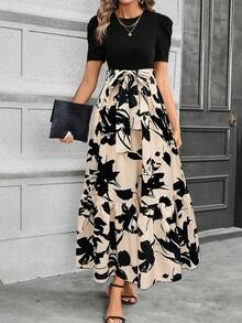 Vestido largo con línea A y estampado floral elegante para mujer, de manga corta, para primavera, verano y vacaciones - Negro - Ver 1