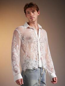 FeverCity Men's Sexy Sheer Front Button Long Sleeve Lace Mesh Shirt
