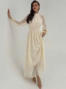 Aloruh 女士休闲纯色长袖收腰连衣裙 - 米色 - 查看 3