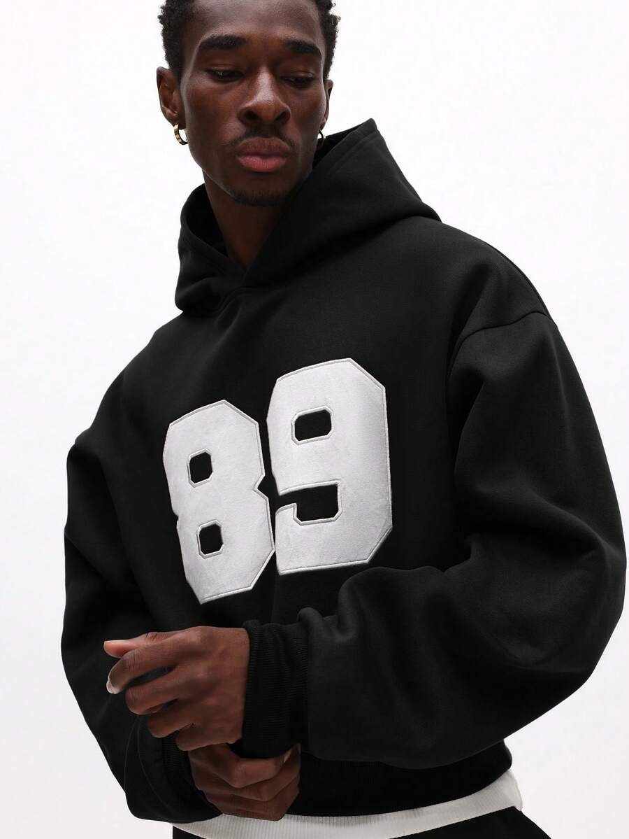 SUMWON Oversized Pullover Hoodie With Number 89 Print And Drawstring Hood For Casual Wear - Black - View 1