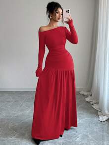 Elenzga Spring & Autumn Back To School New Brown Elastic Ribbed Relaxed Suit, Oblique Shoulder Design Pleated Fitted Long Sleeve T-Shirt + High Waist Pleated Flared Skirt 2 Piece Set For Women - Red - View 5