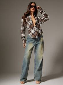 Denimoi 休闲长袖女士扭结前襟低领格子上衣 - 彩色 - 查看 3