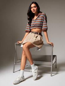 Solezae 女士超轻复古条纹灰白系带运动鞋，舒适时尚，日常必备。 - 灰色 - 查看 3