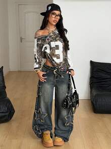 Coolane 女士冬季音乐会街头服饰返校节复古比赛日运动服图案树枝图案数字图案橄榄球超大V领长袖运动衫T恤，图案T恤 - 彩色 - 查看 2