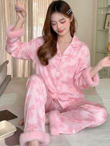 Genkimix Kids 2pcs Tween Girls Cute Bowknot Floral Print Soft Flannel Cardigan Long Sleeve Pants Pajama Set - Multicolor - View 1