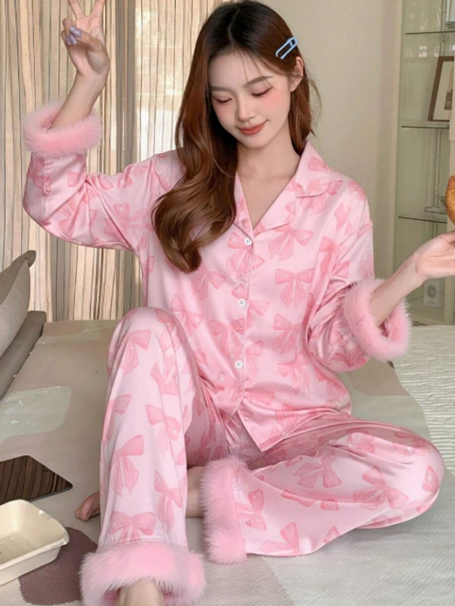 Genkimix Kids 2pcs Tween Girls Cute Bowknot Floral Print Soft Flannel Cardigan Long Sleeve Pants Pajama Set - Multicolor - View 1