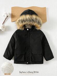 Cozy Pixies 男婴保暖加厚长袖连帽派克大衣，休闲百搭 - 黑色 - 查看 7