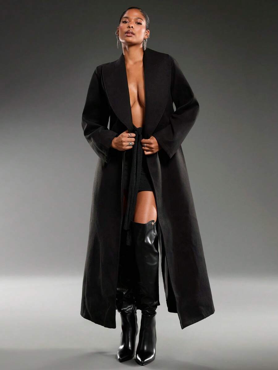 Normani Lange, einfarbige, gegürtelte Taschen-Jacke mit langen Ärmeln, elegant und bequem, für Herbst/Winter - Schwarz - Übersicht 1