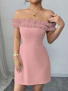 Elenzga 女士露肩荷叶边腰浪漫连衣裙 - 淺粉色 - 查看 6