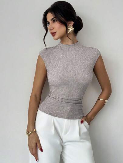 Firerie Women's Khaki Turtleneck Ruffle Sleeve Fitted Tank Top, Ribbed Knit Stretchy Crop Top, Ruched Waist Top, Slim Fit Shirt, Khaki Basic Versatile Top, Layering Tank Top For Autumn/Winter, Spring/Summer/Fall/Winter Clothing, Elegant, Commuter, Casual, Daily, Minimalist, Work Attire