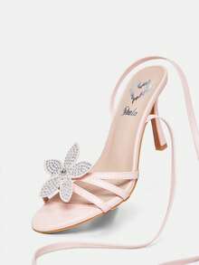 Women's Rhinestone Embellished 3D Floral Decor Elegant High Heel Sandals - Baby Pink - View 5