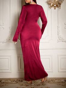 Roveilla 大码女士优雅高端正式办公通勤休闲修身商务休闲舒适下午茶宾客连衣裙纯色针织弹力面料高领腰部镂空大金属扣装饰开衩下摆巧克力棕色长袖连衣裙，派对 - 紫紅色 - 查看 2