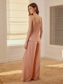 MOTF PREMIUM WOMEN'S CONTRAST LACE CAMISOLE TOP AND LOOSE WIDE LEG PANTS PAJAMA SET - Dusty Pink - View 3