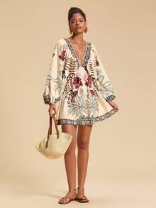 Travachic 度假风梭织印花V领宽松女士迷你连衣裙 - 彩色 - 查看 3