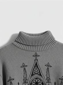 ROMWE Goth Suéter de cuello alto bordado con estilo gótico palaciego - Gris Oscuro - Ver 4