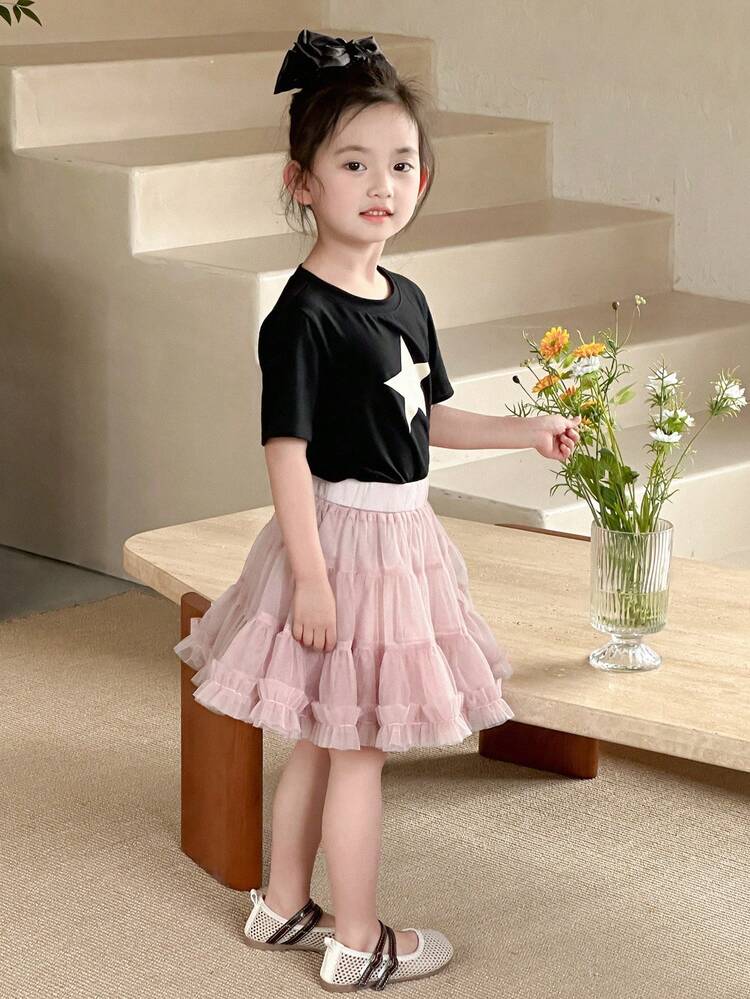 2pcs/Set Young Girl Star Print Short Sleeve T-Shirt And Mesh Skirt,Girls Summer Outfits