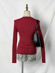 Jeanoix Damen Lässig einfarbige Knopf V-Ausschnitt figurbetonte Langarm Strick-Top, Herbst - Bordeaux - Übersicht 2