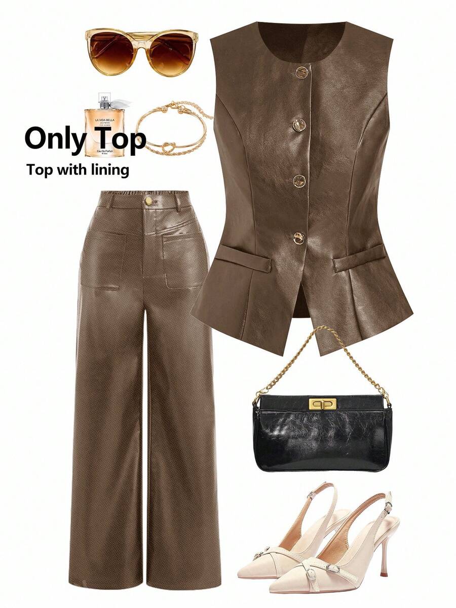 Ellevyn 女士秋季PU皮黑色摩托车夹克背心 - 棕色 - 查看 1