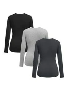 Modmama 3件套孕妇休闲圆领长袖修身孕妇T恤 - 灰色 - 查看 2