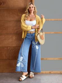 EMERY ROSE Quần jean ống rộng dáng rộng, thường ngày có túi thêu hoa dành cho nữ - Màu xanh lam - Xem 4
