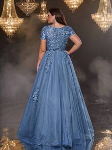 Glamrae 优雅浪漫奢华网纱串珠刺绣短袖贴花A字裙摆连衣裙，适合晚宴、单身派对、约会、舞会、假日、音乐节、婚礼，也适合大码新娘和母亲，情人节适用。 - 霧霾藍 - 查看 3